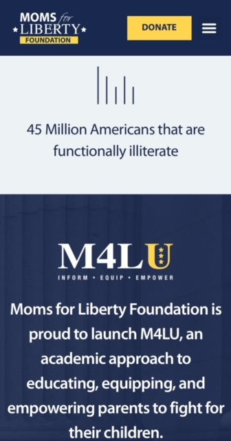 An ad for Moms For Liberty University beneath a note about how 45 million Americans are functionally illiterate