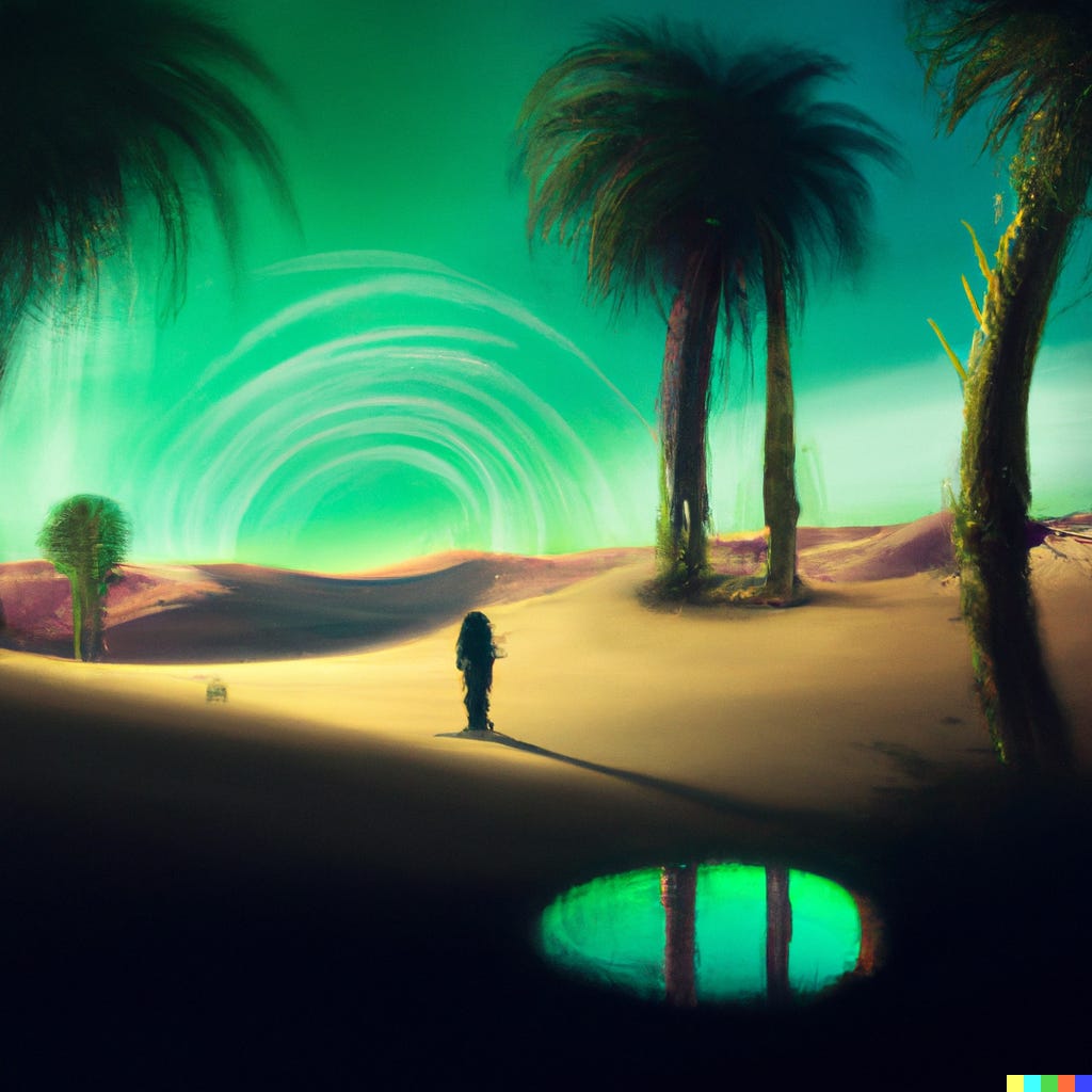 DALL·E 2023-05-02 17.51.54 - Someone hallucinating when approaching an oasis in the desert, surrealism digital art.png