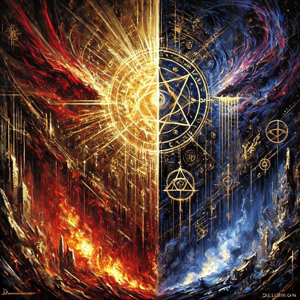 A dramatic, Luciferian-inspired oil painting with bold, expressive brushstrokes. The scene is split into two contrasting halves. One side is illuminated with a sinister, otherworldly light, glowing in shades of gold and crimson, while intricate, occult-like geometric patterns evoke a sense of hidden knowledge and power. The other side is enveloped in dark, shadowy blues and purples, with chaotic, fragmented forms suggesting disorder and deception. A subtle serpent with a golden sheen weaves through both halves, symbolizing duality and forbidden truth. Flames in the lower section merge with the shadows, creating a hellish atmosphere, while the upper part is illuminated by a false, radiant light. Symbols such as the inverted pentagram or eye subtly emerge within the patterns, suggesting themes of control and hidden power. The brushstrokes are wild and intense, adding to the feeling of inner conflict between light and darkness, order and chaos.