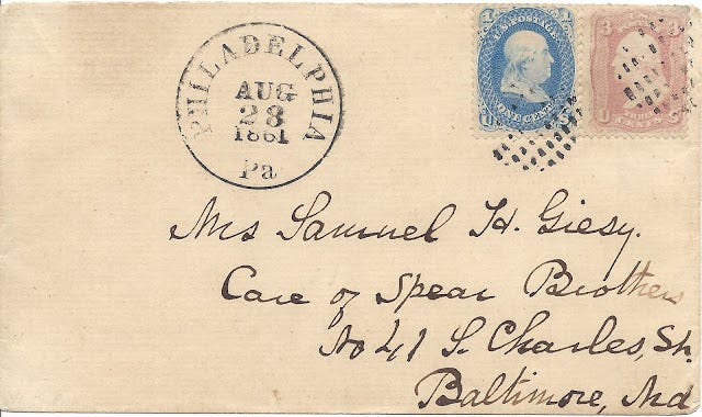 Carrier cover to the mails in Philadelphia, to Baltimore