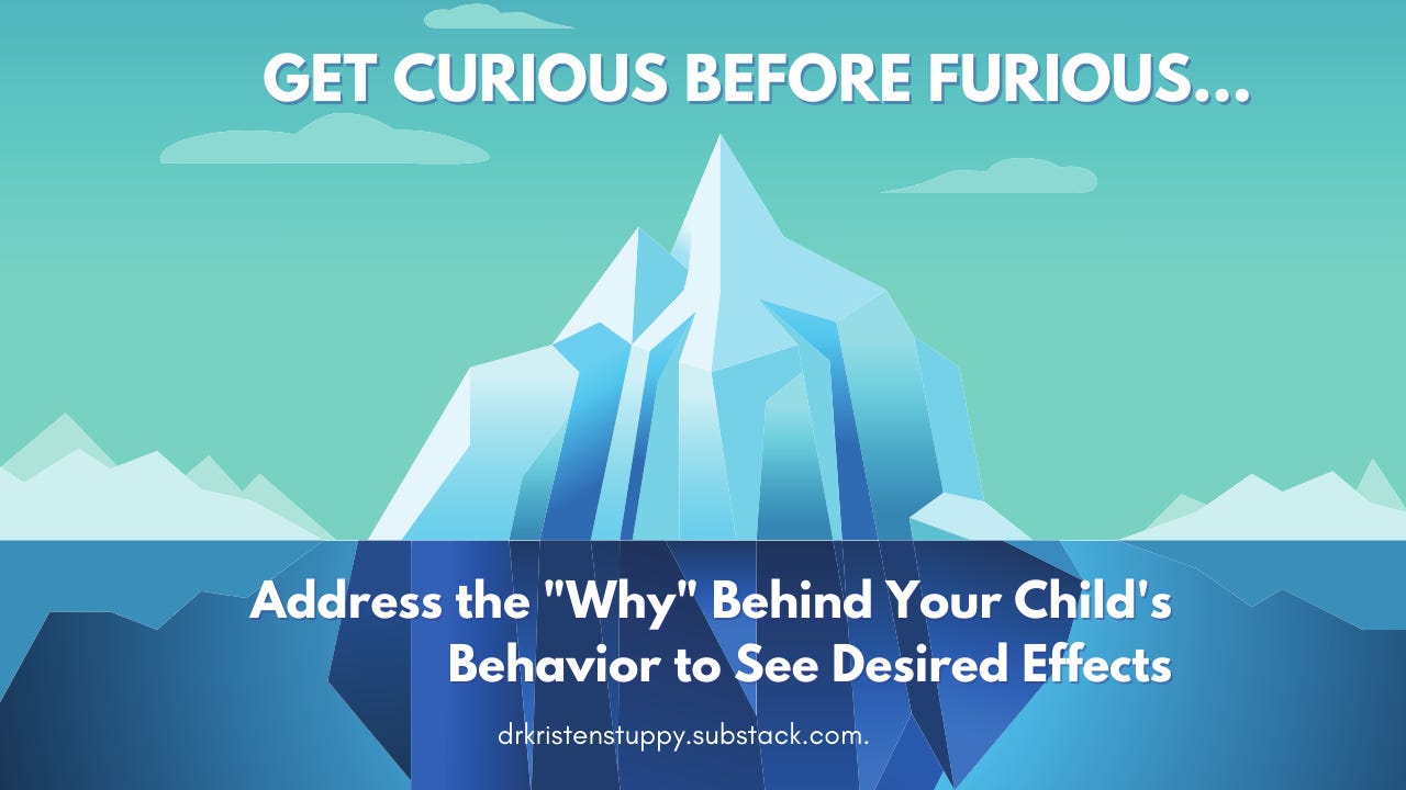 A picture of an iceburg, with the top half saying: get curious before furious in the top half, above the water. Below the water it says address the why behind your child’s behavior to see desired effects. dr kristen stuppy dot substack dot com.