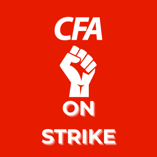 CFA on strike, with a raised fist and a red background