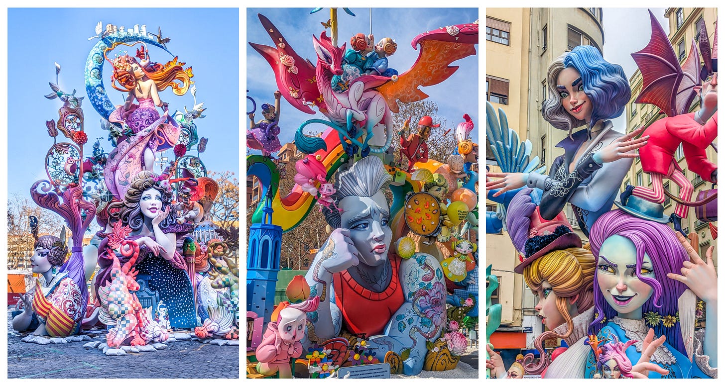 Three large falla filled with bright colors.