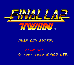 The title screen for Final Lap Twin, which shows the game's golden logo on a deep blue background, as well as the Turbografx's traditional "Push Run button" in place of "Push start"