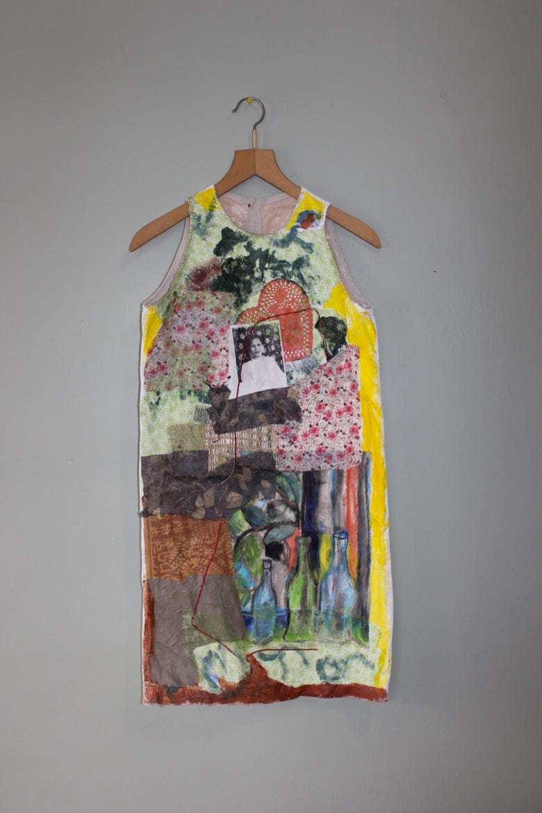 Partial view of Magdalena Arguelles’s “Tatlo Ng Lolas (Three Lolas)” (2019), mixed media on artist’s sister’s gessoed linen dresses.