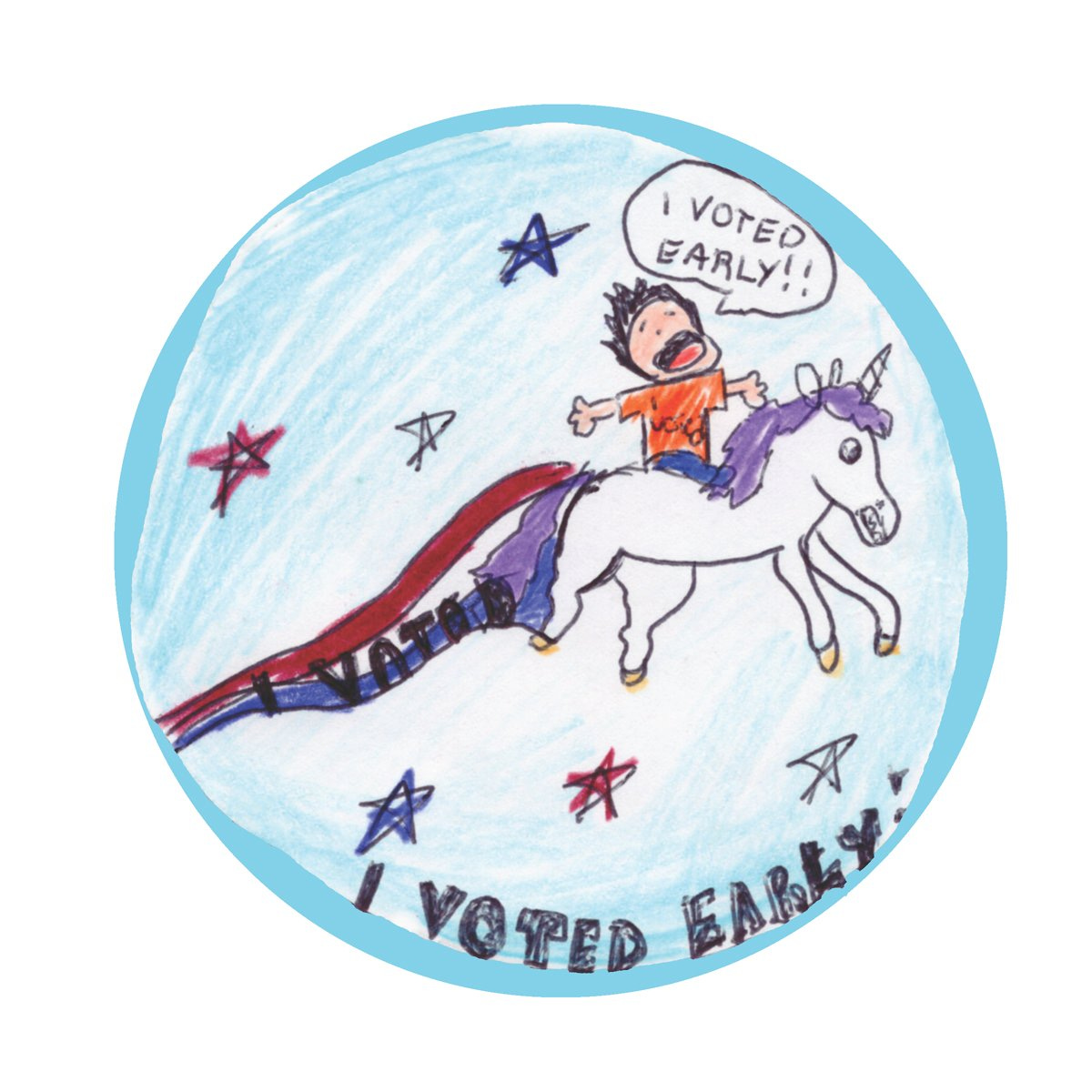 "I Voted Early" sticker featuring a boy riding a unicorn.