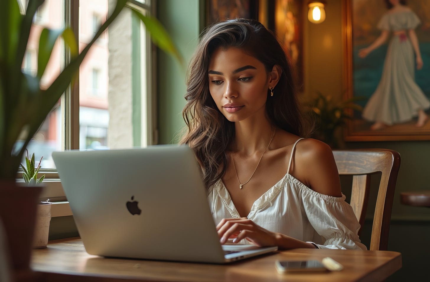 Young woman typing on a MacBook Pro in a cafe.