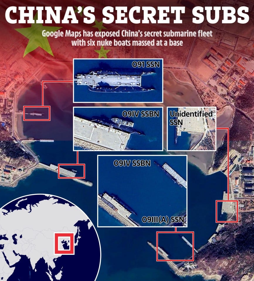 Illustration of Google Maps satellite imagery showing six Chinese submarines at a naval base.