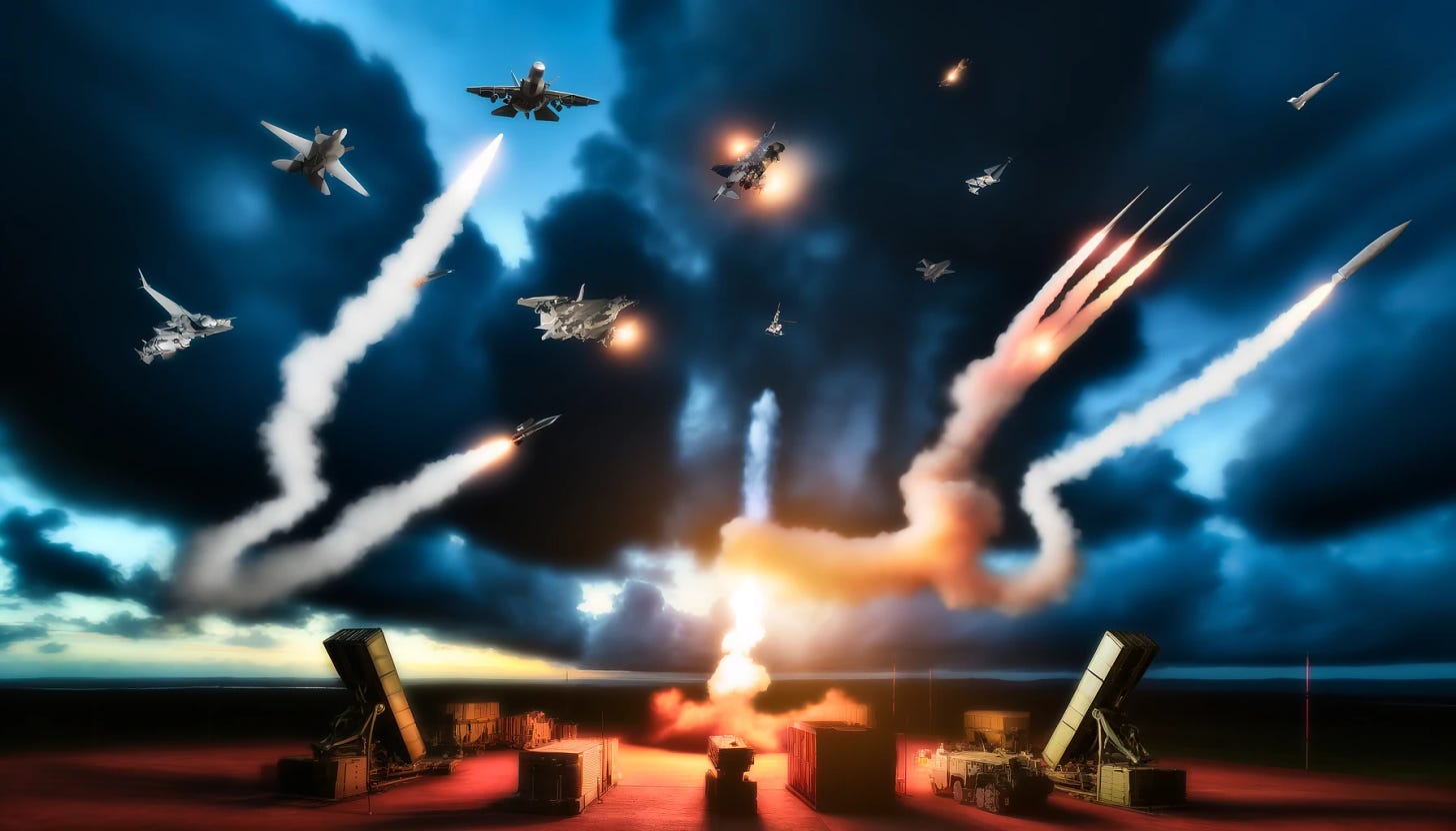 A dramatic military scene depicting various aircraft and drones being shot down by air defense systems. The sky is filled with billowing smoke and fiery explosions as missiles from ground-based defense systems streak through the air, targeting the aircraft above. The scene is set during twilight, enhancing the contrast between the darkening sky and the bright flashes of explosions. Below, the ground is dotted with defense installations and radar equipment, busy with military personnel operating the systems.