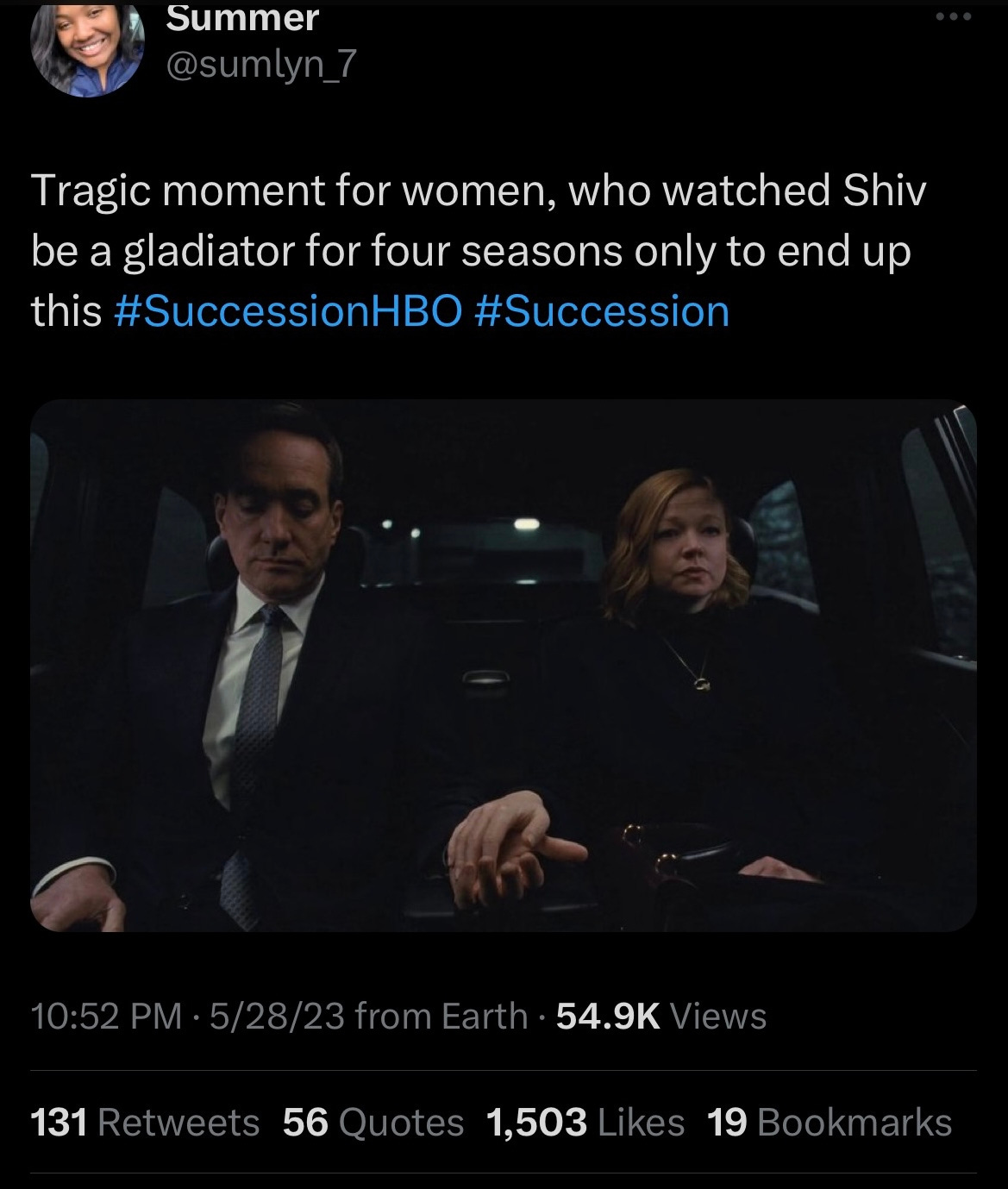 Tweet: tragic moment for women, who watched Shiv be a gladiator for four seasons only to end up this #SuccessionHBO. The photo is of Tom and Shiv barely holding hands and avoiding eye contact with each other at the end of the series finale.
