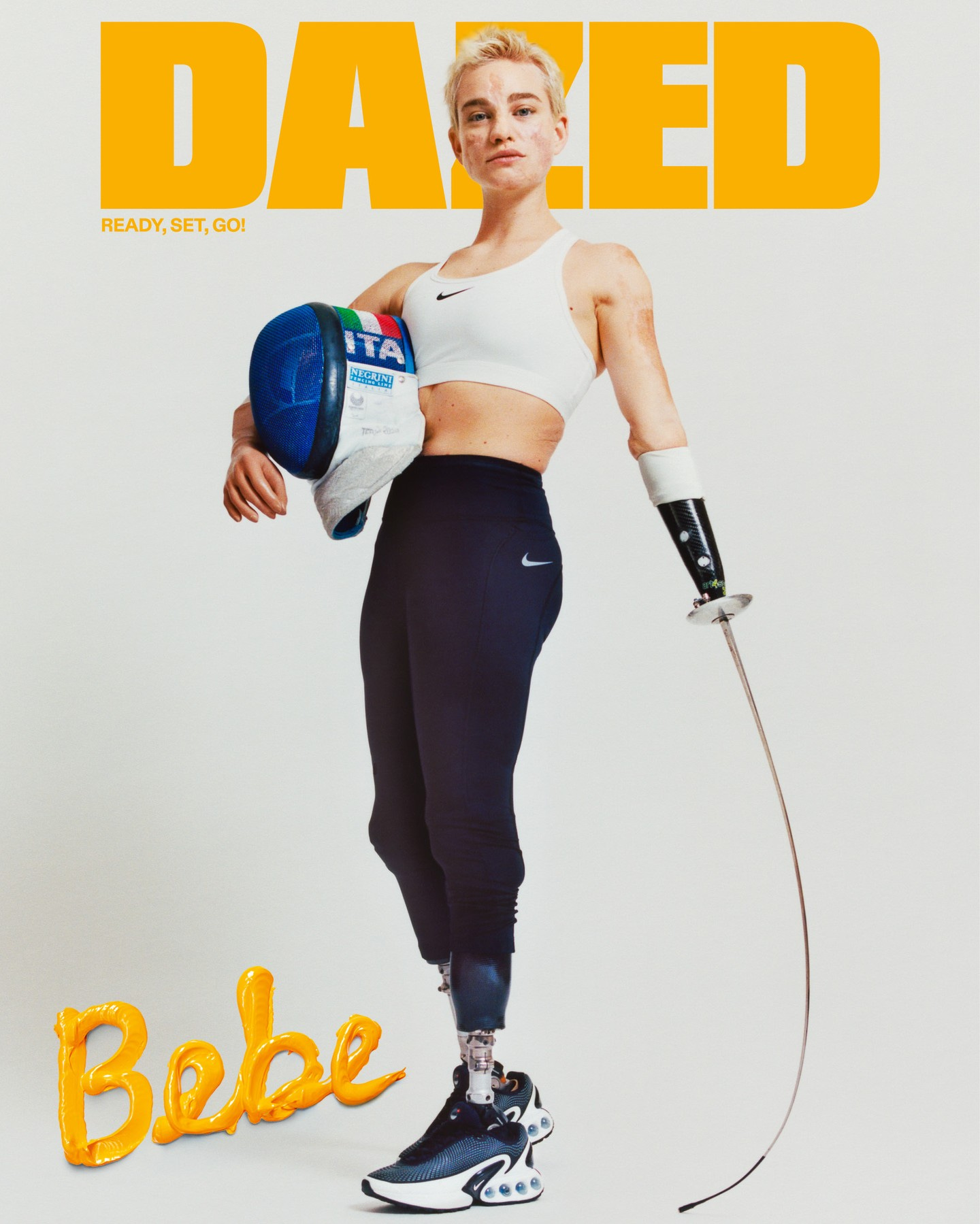 Photo by Dazed on June 04, 2024. May be an image of 1 person, tights, sportswear, poster, magazine and text.