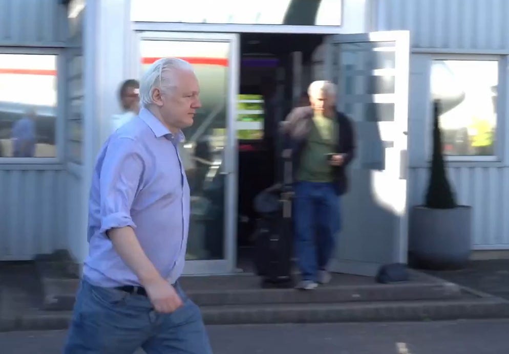A still taken from a video released by Wikileaks shows, WikiLeaks founder Julian Assange heading to board a plane at Stansted airport, London, Britain, 25 June 2024. According to court filings in the US district court for the Northern Mariana Islands, US prosecutors said they anticipate Assange will plead guilty to the criminal count of conspiring to obtain and disclose classified documents relating to the national defence of the United States. A statement posted by WikiLeaks on the social media platform 'X' said Assange was freed from Belmarsh maximum security prison in the United Kingdom on the morning of 24 June, after having spent 1,901 days there. He was granted bail by the High Court in London and was released at Stansted Airport during the afternoon. He then boarded a plane and departed the UK to return to Australia. His wife Stella confirmed on X that 'Julian is free' and thanked supporters. Image: EPA/WIKILEAKS/HANDOUT