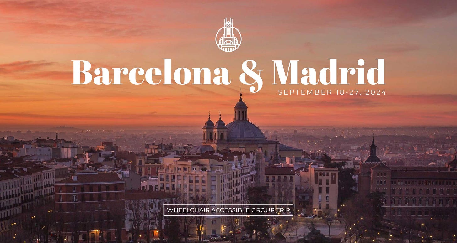 Madrid city skyline at sunset with overload text, Barcelona and Madrid Wheelchair Accessible Group Trip.