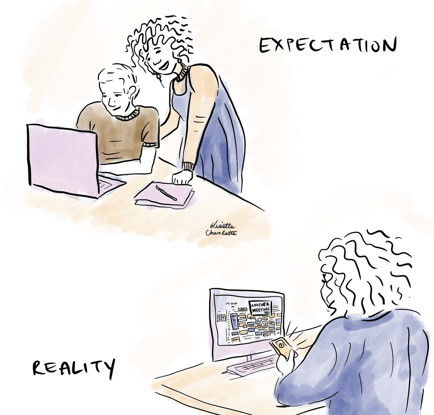 An illustration of a woman mentoring a young person at work and then having too many meetings and notifications