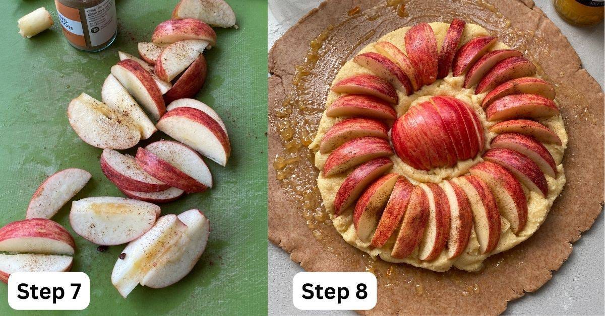 Sliced apples on a frangipane and pastry base.