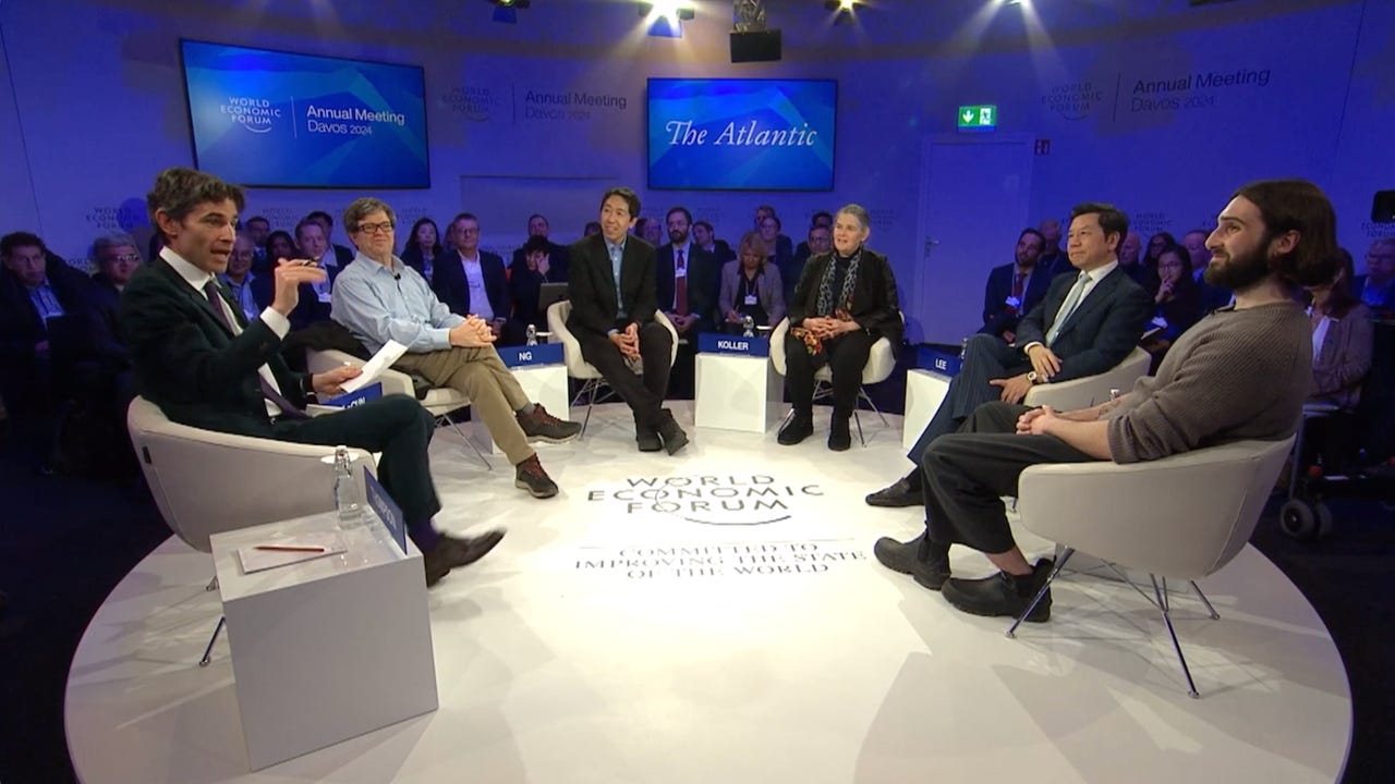World Economic Forum Panel in Davos 16 January, 2024 (from left: Nicholas Thompson, Yann LeCun, Andrew Ng, Daphne Koller, Kai-Fuu Lee, Aidan Gomez)