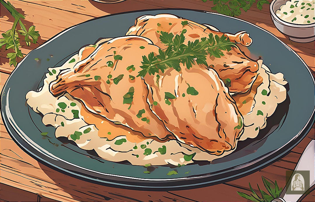 An illustration of a platter of garlic butter chicken and herbs.