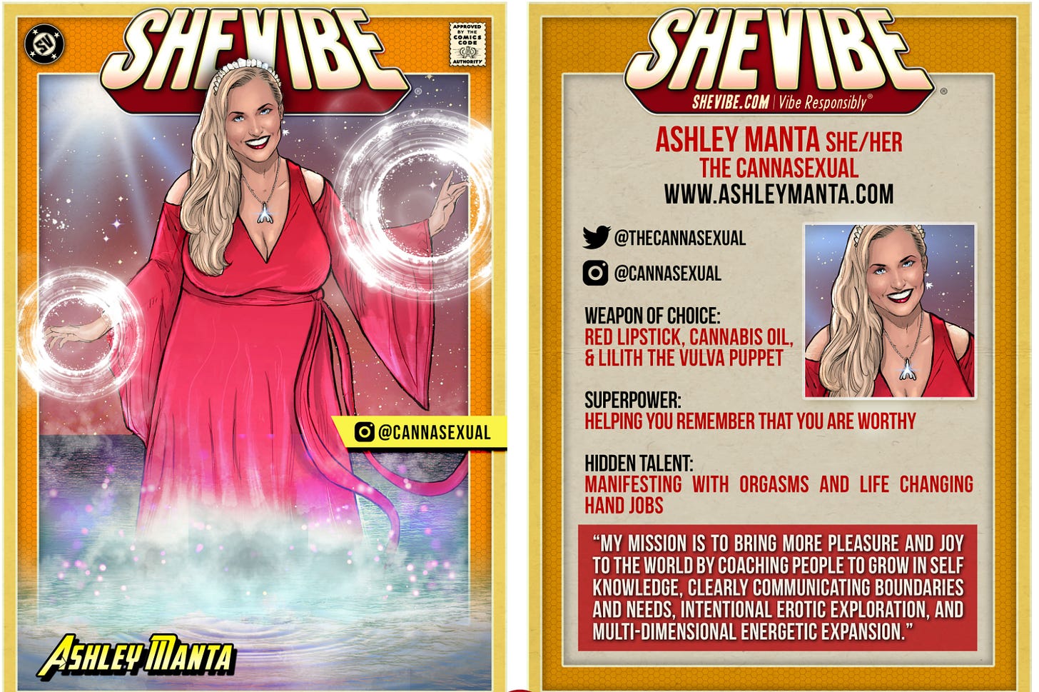 Shevibe trading card. Superhero illustration of Ashley ethereally floating above water. She is smiling at the viewer, wearing a flowing red dress that is tied at the waist. She is wearing a silver clitoris necklace. Her hands are lifted from her sides and manifesting light.