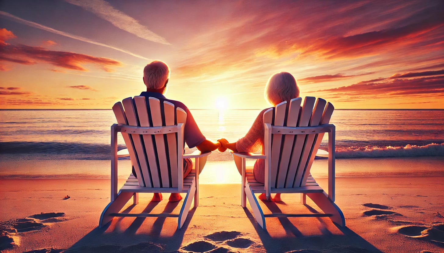 A couple sits side by side on the beach, overlooking a sunset, after they've just retired, wondering what comes next