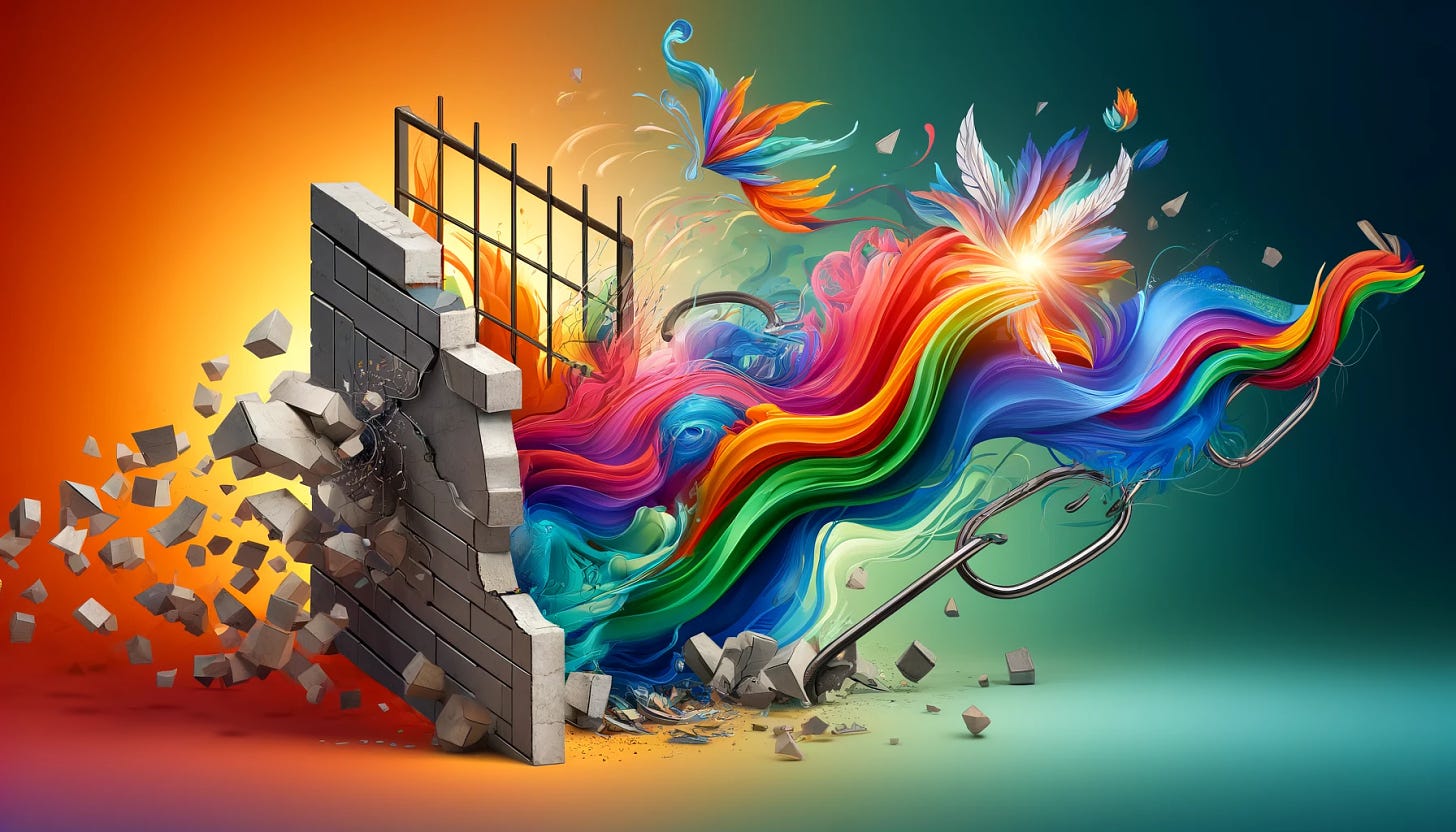A DALL-E image of creativity bursting through constraints of a wall and a cage.