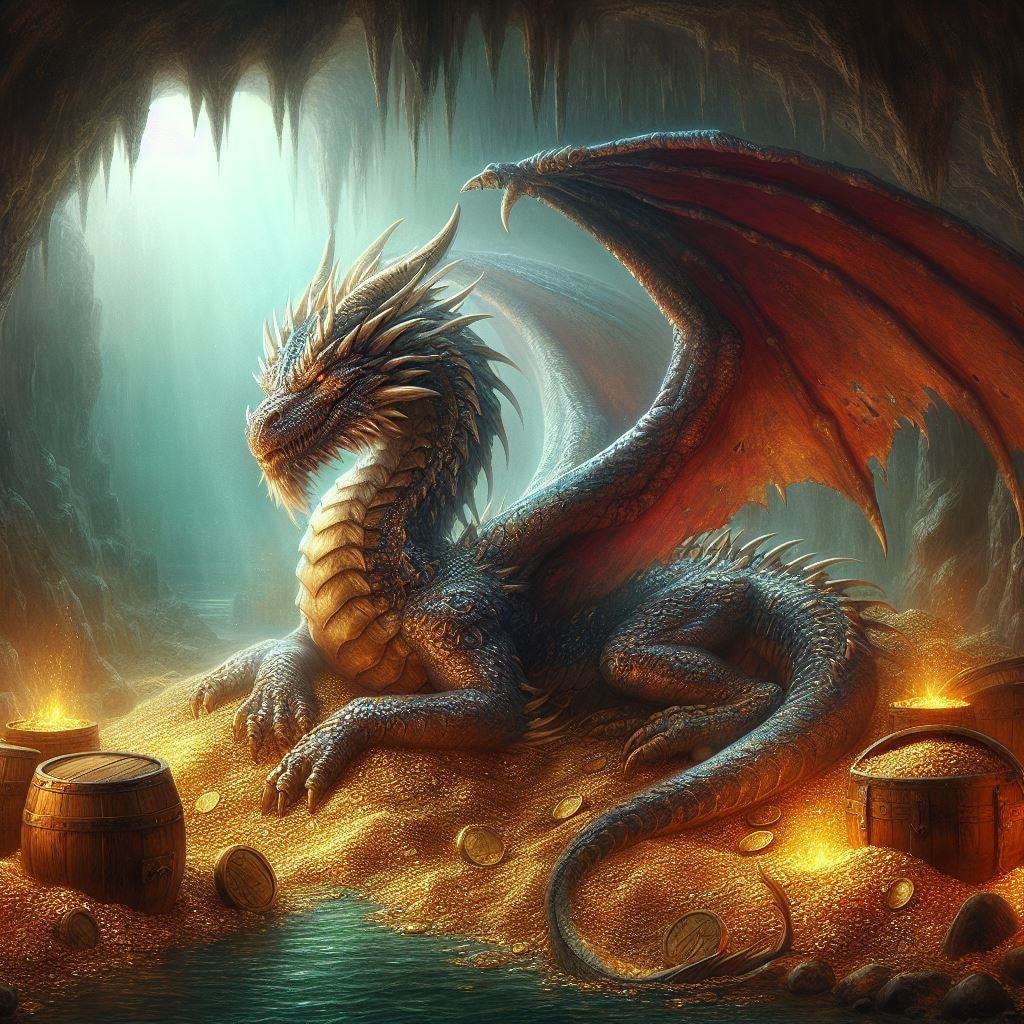 A dragon laying down with gold beneath it
