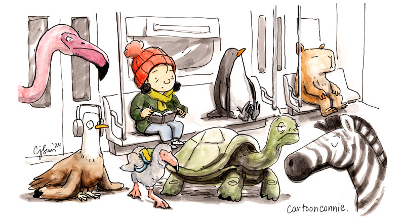 Watercolor and ink drawing of a cartoon girl with a red beanie in a subway car, writing in a notebook and surrounded by different animal species, including a penguin, capybara, zebra, tortoise, a seagull with headphones on, and a flamingo mom minding a flamingo chick with a backpack on. Original artwork by Connie Sun, cartoonconnie, 2024. 