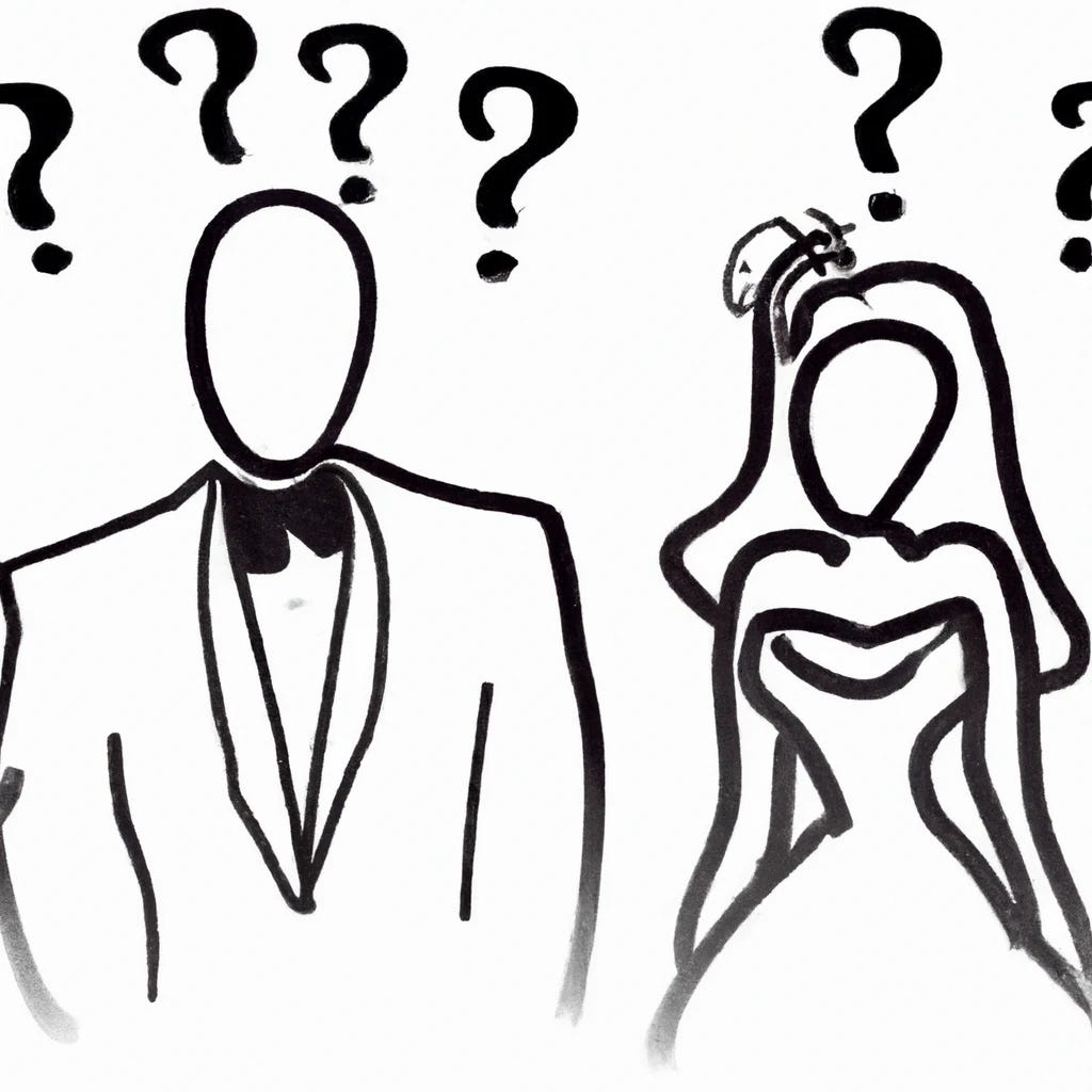 A digitally rendered thick ink line drawing of a man in a tuxedo with no facial features and a woman in a wedding dress with no facial features standing next to each other, each in a confused posture. The "groom" has four question marks over his head. The "bride" has two. Toward the bottom of the drawing, the lines begin to fade away, giving the image a dream-like quality. The "groom" is in the foreground; he can only be seen from the waist up. The "bride" is behind him, part of her lower body (obscured by the dress) can be seen, but not all the way down to her feet.