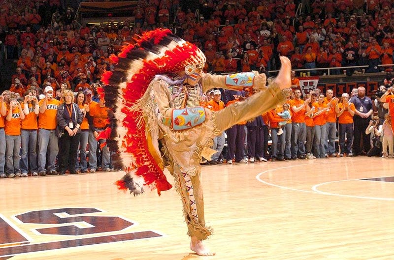 Chief Illiniwek, the mascot for the University of Illinois for the past 81 years, performs his last dance at halftime during the Michigan-Illinois basketball game at Assembly Hall in Champaign, Illinois on February 21, 2007. The University of Illinois mascot Chief Illiniwek was retired by the University after the NCAA imposed sanctions for having a mascot portraying offensive use of American Indian imagery. (UPI Photo/Mark Jones)
