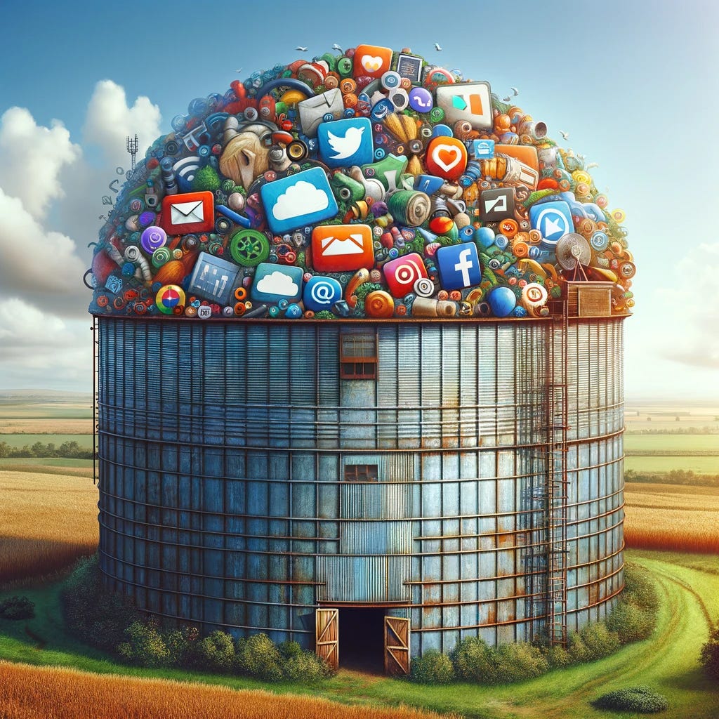 Photo generated by DALL-E 3 via ChatGPT with the prompt "Make me a picture of a grain silo filled with online content." It depicts a grain silo in a field filled with colorful social media symbols and logos.