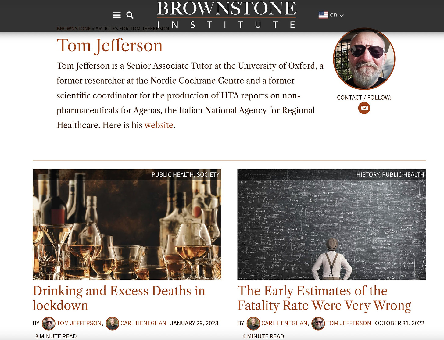 Image Tom Jefferson's author page for the rightoid propaganda outlet Brownstone Institute