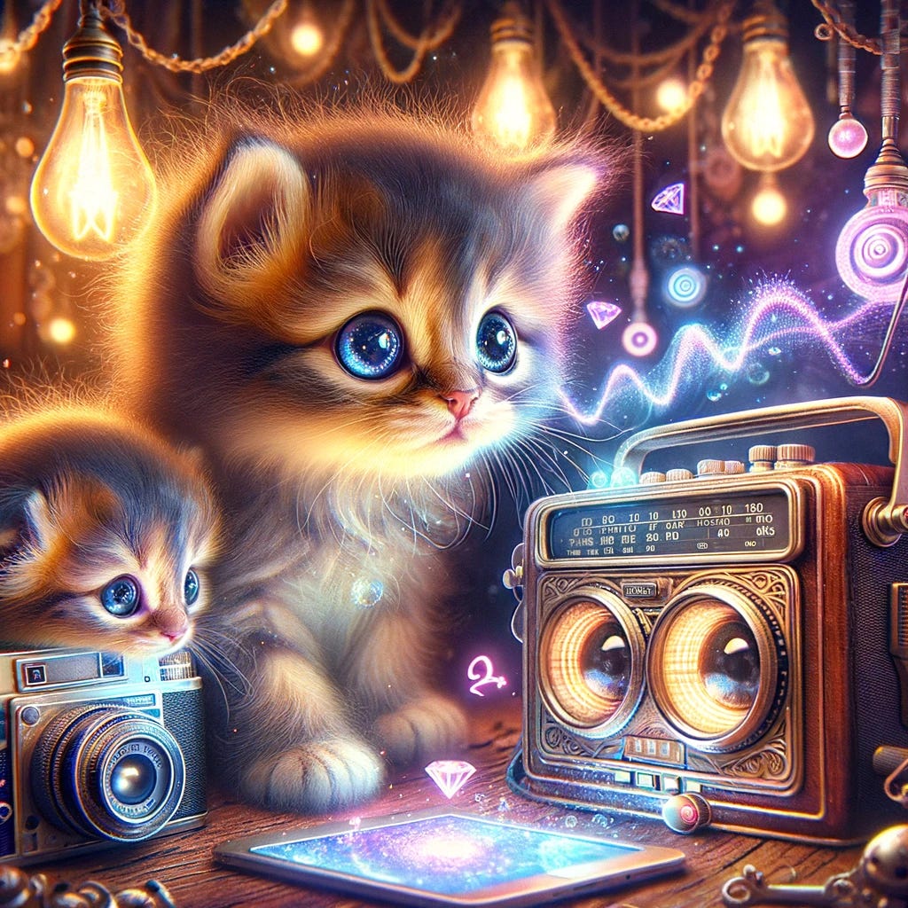Enchanting image of irresistibly cute, tiny kittens in a digital fantasy setting with traditional and digital gadgets. Kittens with oversized, sparkling eyes and soft fur. One kitten sniffing an old-fashioned camera with digital features like glowing buttons, another fascinated by a classic radio emitting digital sound waves, and a third swiping at a luminescent digital tablet. Background with a whimsical mix of old and new elements, floating digital icons, softly glowing wires, creating a charming, vibrant atmosphere, embodying the theme 'Smol is Beautiful' with a blend of traditional and digital technologies.