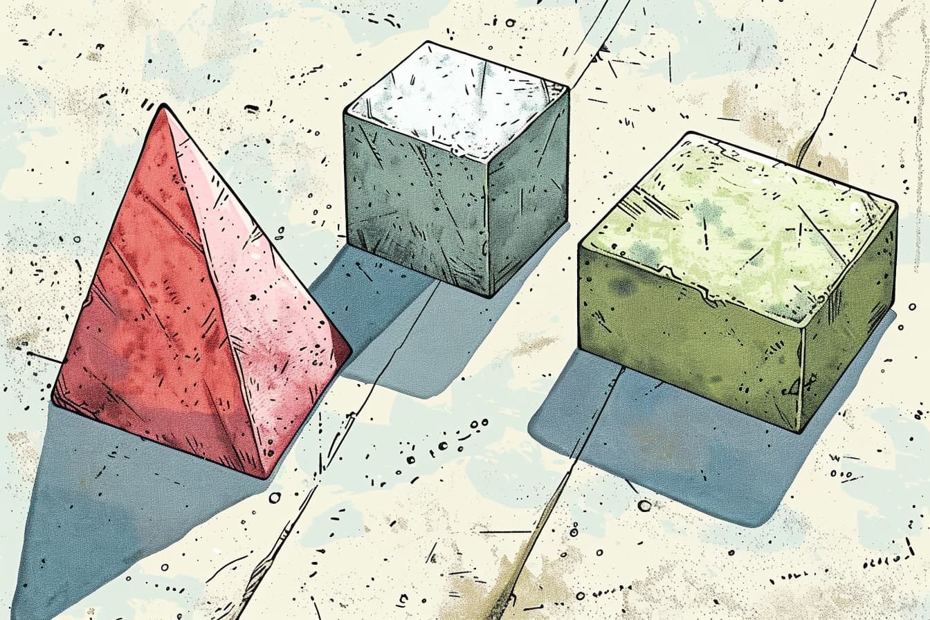 graphic novel illustration of A red pyramid, a green cube, and a tan cube are sitting on a surface with a blue line going through the center