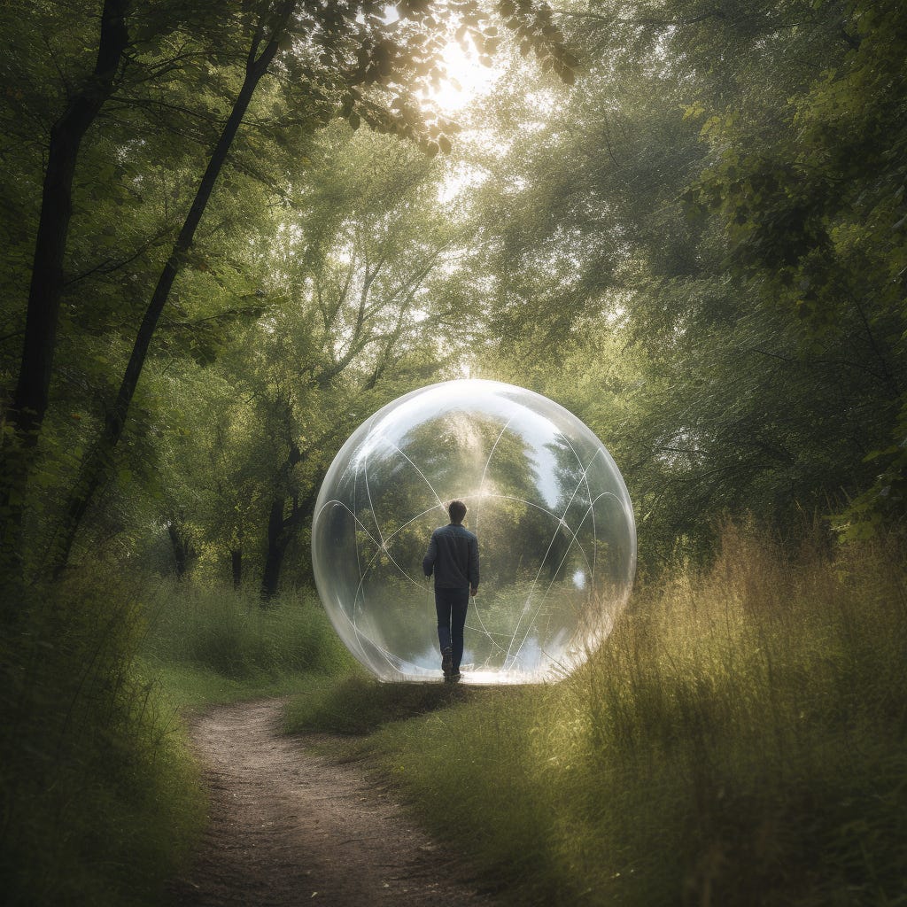 Man in a big bubble walking in nature