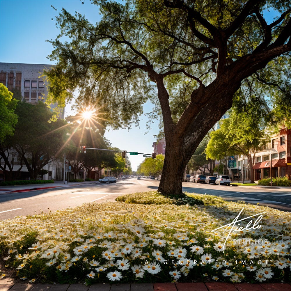 Oak tree surrounded by daisies in the middle of the road on main street.