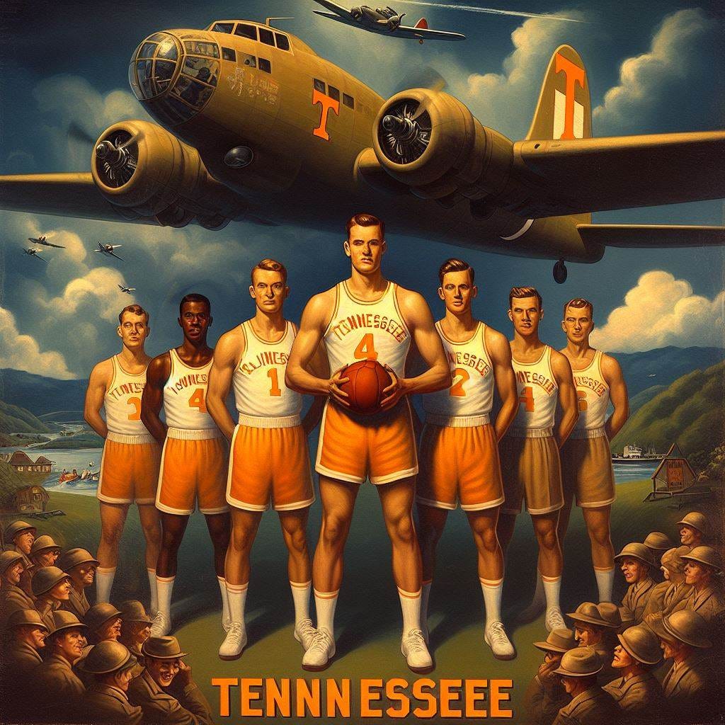 Tennessee Volunteers men's basketball team on a 1940s wartime propaganda poster, with the Tennessee logo on an airplane in the background, impressionism