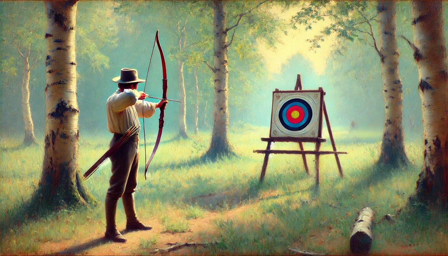 An impressionistic oil painting of a man aiming a crossbow in a serene, peaceful outdoor scene reminiscent of early 1900s Europe, in the style of Fritz Syberg. Soft, dappled light filters through the trees, casting a calm atmosphere. The setting reflects old European charm with the man in period clothing, focusing intently on his aim without a target in sight. The color palette is gentle and pastel-like, capturing a timeless, tranquil feel in a wide aspect scene, free of text.