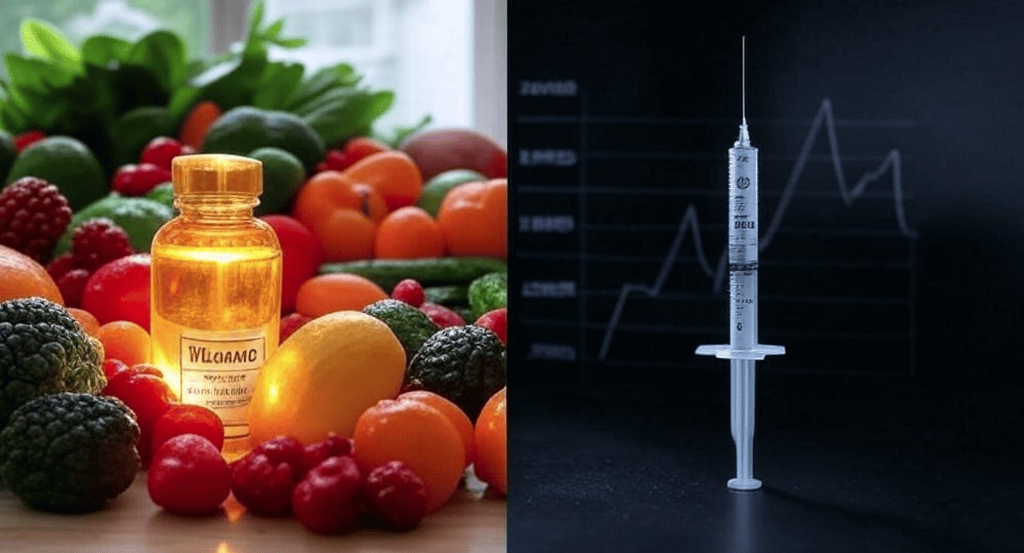 A syringe and a bottle of liquid next to a pile of fruits

AI-generated content may be incorrect.