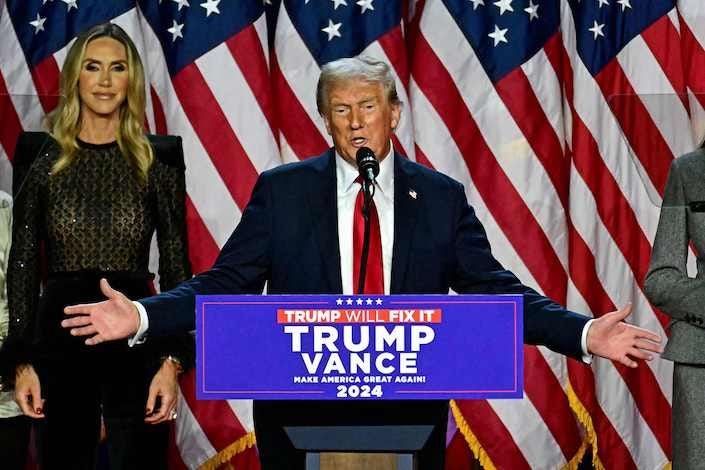 Donald Trump speaks during a presidential election night event at the West Palm Beach Convention Center, Florida, on Nov. 6, 2024.