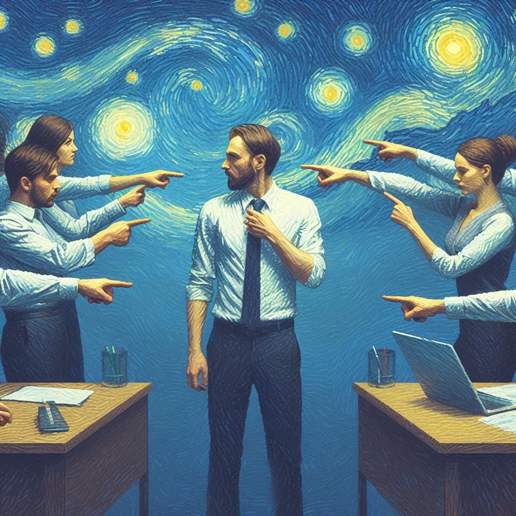 Office workers pointing fingers at each other. The people are blaming each other for mistakes. And make it in the style of Vincent van Gogh's sunflowers or starry night.