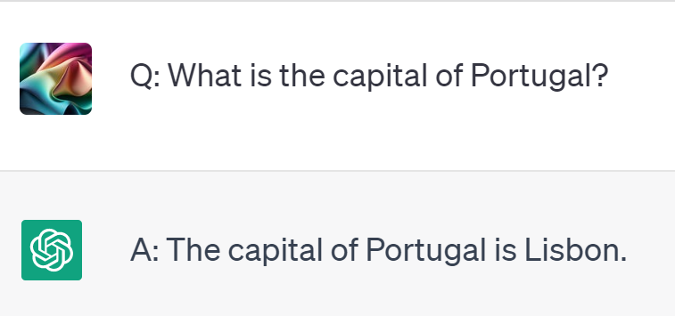 A question and answer, where AI was asked what the capital of Porgual was.  It correctly answered Lisbon.