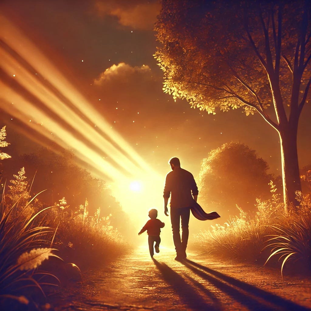 An uplifting and heartfelt scene illustrating the journey of fatherhood, filled with growth, reflection, and shared joy. Show a father and his young child walking together on a path in a serene natural setting during sunset, symbolizing the ongoing journey of life. Warm, golden light emphasizes a hopeful atmosphere and highlights the emotional depth, mutual growth, and the loving bond between father and child. No words included.