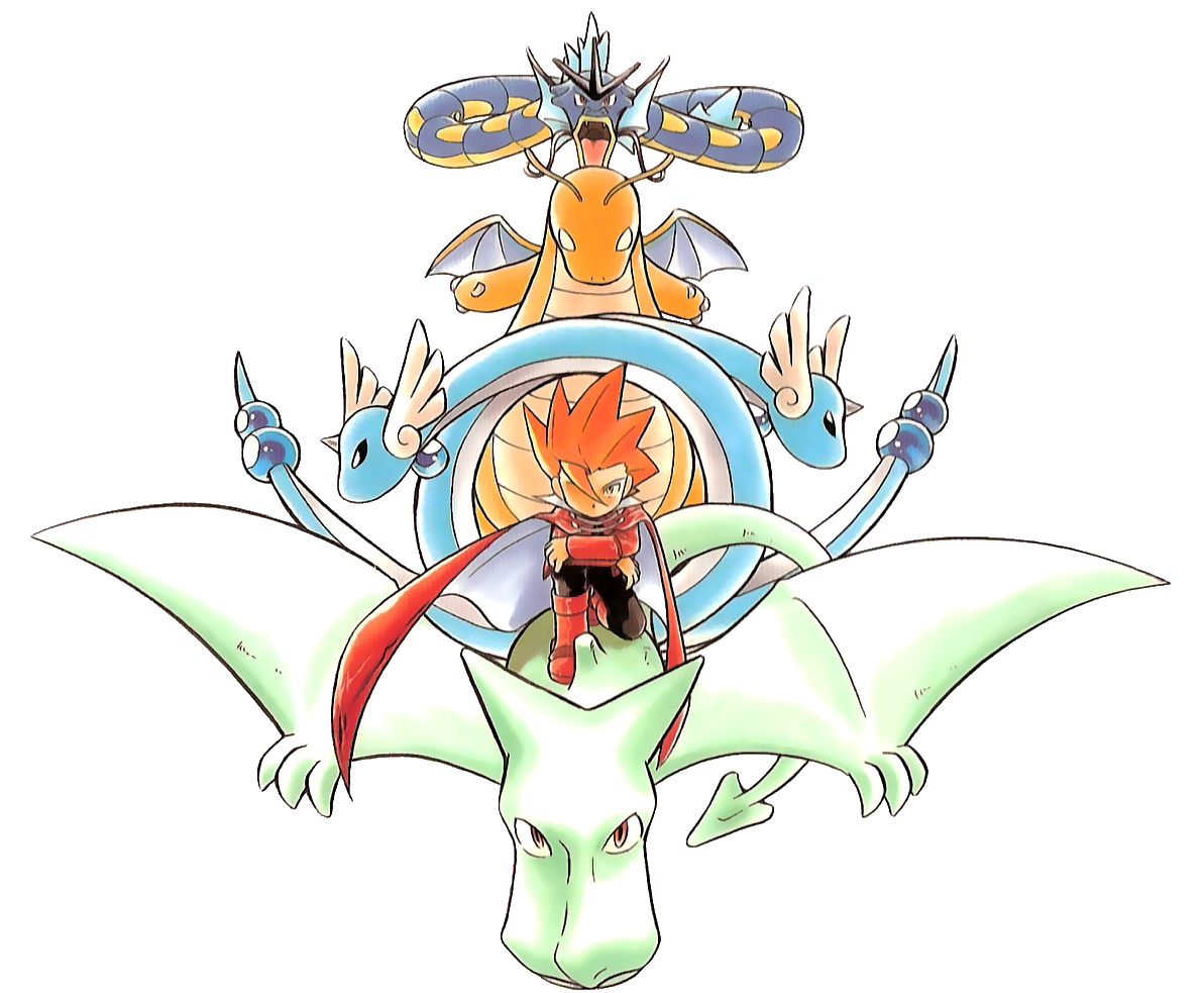 Lance with his team of dragon Pokémon, featured in the Pokémon Adventures manga