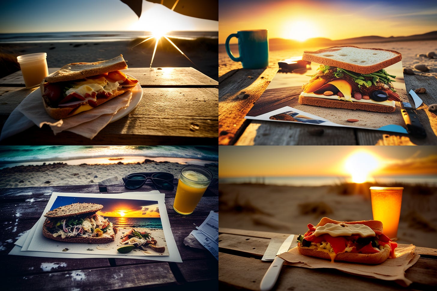 Midjourney - a messy open faced sandwich on a park table, sun setting, picnic cover, near a beach, cool breeze, photograph --ar 3:2 --q 2