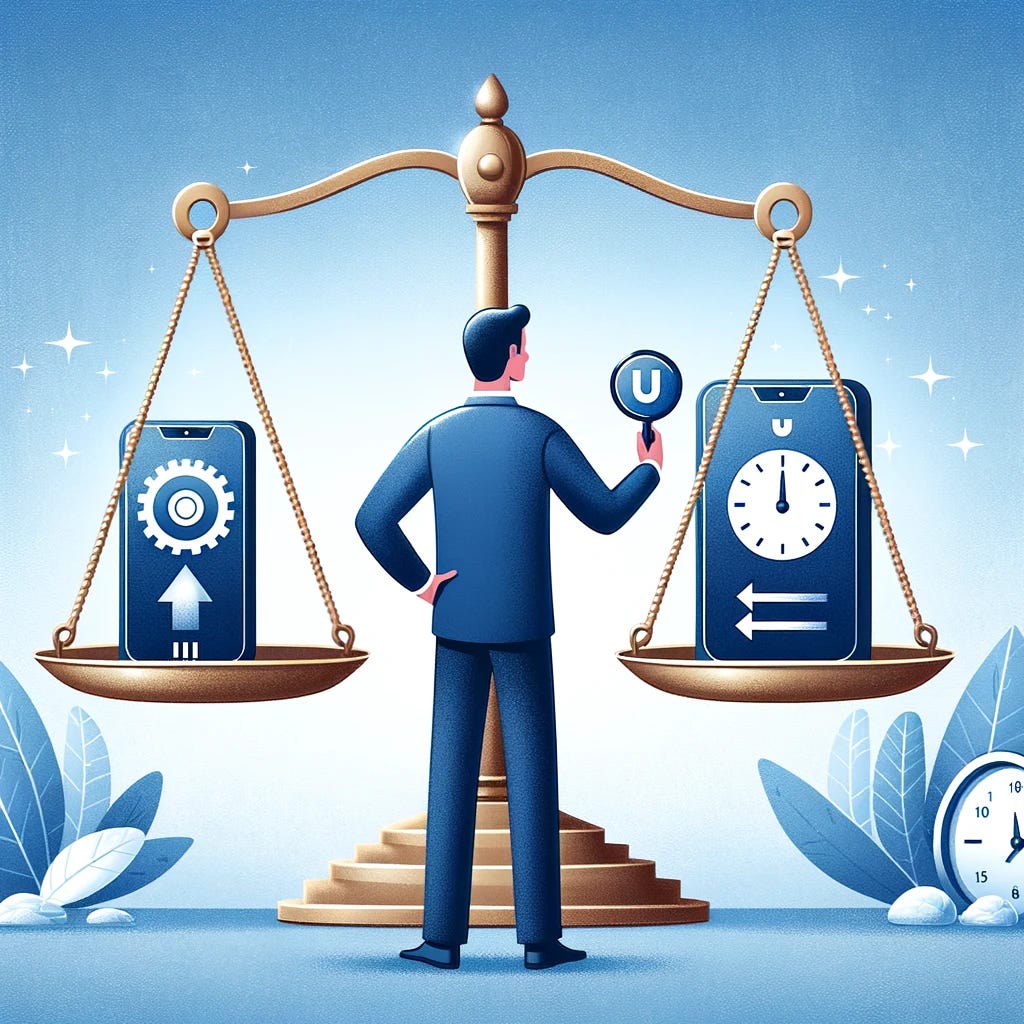 Illustration of a product manager weighing two options, represented by scales. On one side, there's an image symbolizing an upgrade to an existing product (perhaps an older model of a device being improved), and on the other side, an image representing a new, innovative product (like a futuristic device). This scene should capture the essence of making strategic decisions involving trade-offs in product management.
