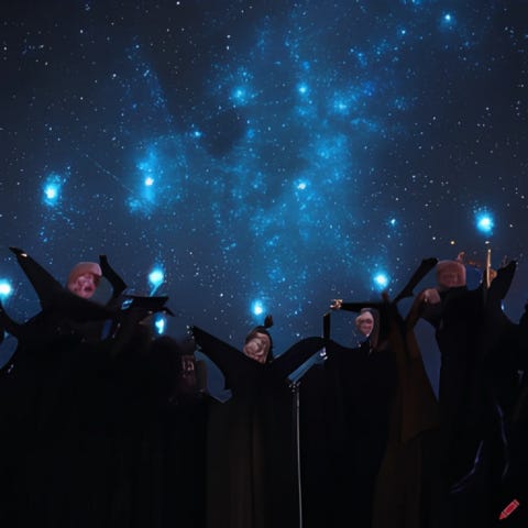 A.I. generated image of dark robed figures under stars. craiyon.com