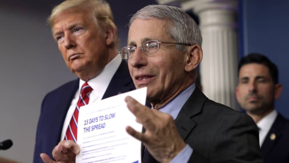 Director of the National Institute of Allergy and Infectious Diseases Dr. Anthony Fauci holds up the "15 Days to Slow the Spread" instruction as U.S. President Donald Trump looks on during a news briefing on the latest development of the coronavirus outbr