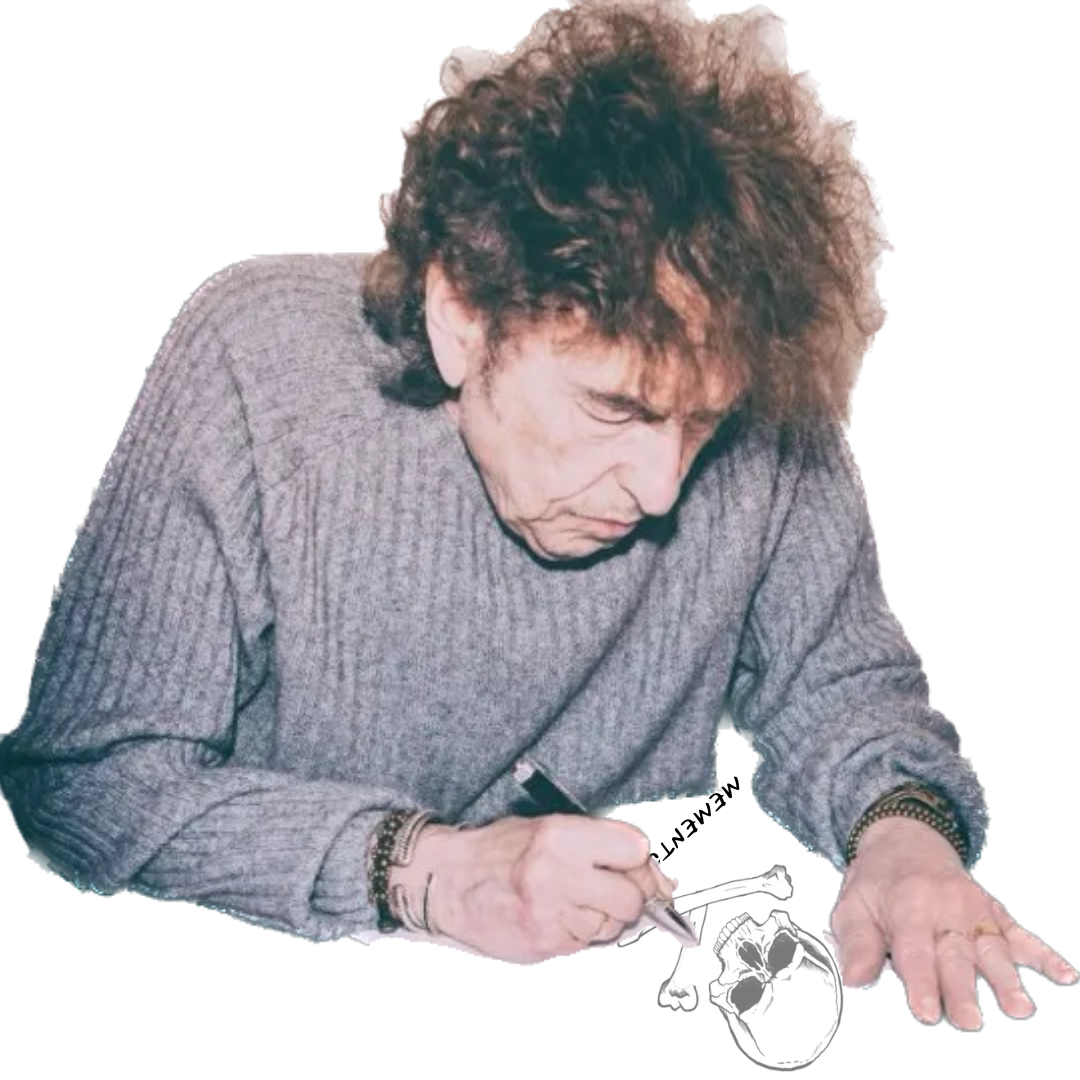 Bob dylan with a pen drawing a skull and crossbones with the word “memento” printed underneath