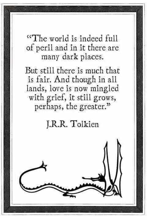 May be an illustration of map and text that says ""The world is indeed full of peril and in it there are many dark places. But still there is much that is fair. And though in all lands, love is now mingled with grief, it still grows, perhaps, the greater." J.R.R. Tolkien"