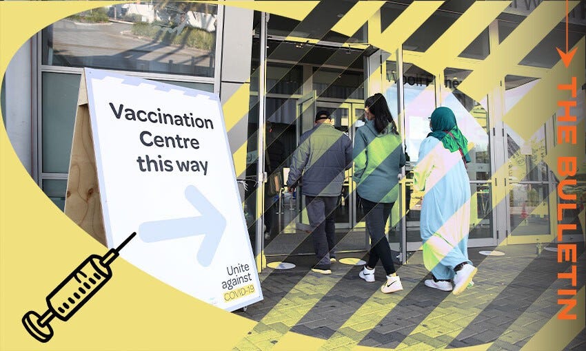 The image shows people entering a building labeled as a "Vaccination Centre." A sign with an arrow directs them, and it includes the phrase "Unite against COVID-19." The image is overlaid with diagonal stripes and includes a syringe icon, reinforcing the vaccination theme.