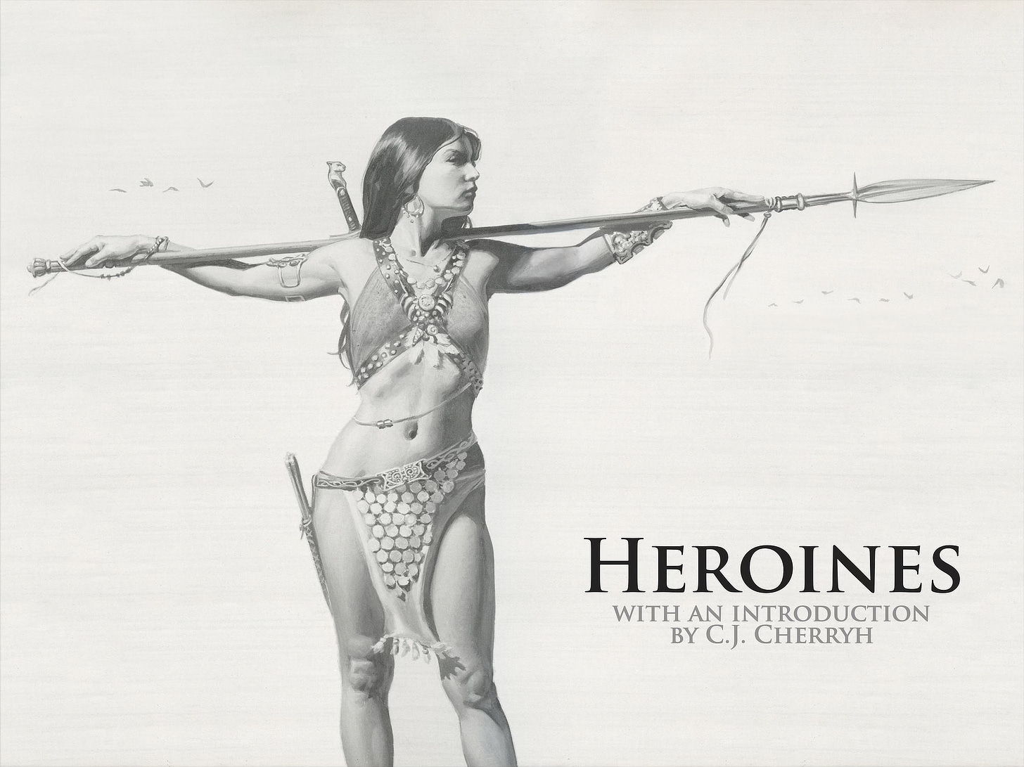 Redesigned “Heroines” spread featuring an Amazon warrior with a long spread resting over her should. The title is set in serif font in the lower right with a subheading that reads “With an introduction by C.J. Cherryh”.